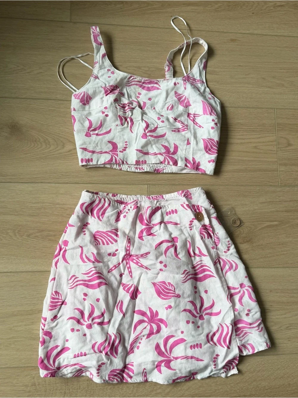 Two-Piece Pink & White Tropical Crop Top & Skirt Matching Set